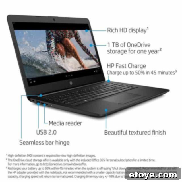 Score a Free HP 14-Inch Laptop 6 Close-up of the HP 14-inch laptop's elegant Jet Black finish and logo.