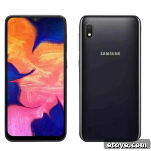 Samsung Galaxy A10 smartphone showcasing its sleek design and large display