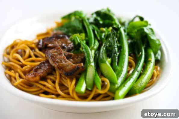 Broccoli Beef Noodles ready to eat, presented in a bowl