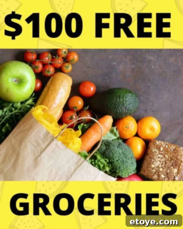 Win 100 in Groceries 2 A person pushing a shopping cart full of fresh groceries, symbolizing savings and abundance.