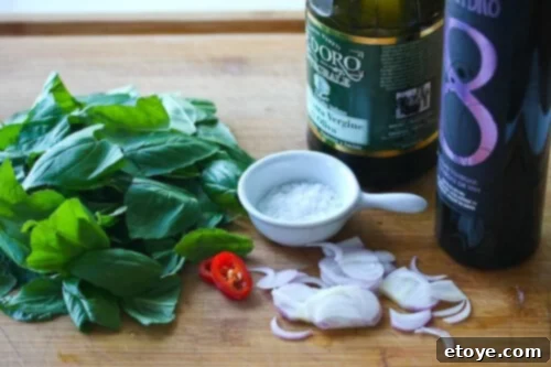 Homemade Basil Vinaigrette Recipe Fresh Basil Vinaigrette Ingredients: Shallots, Chili, Basil, Olive Oil, Vinegar