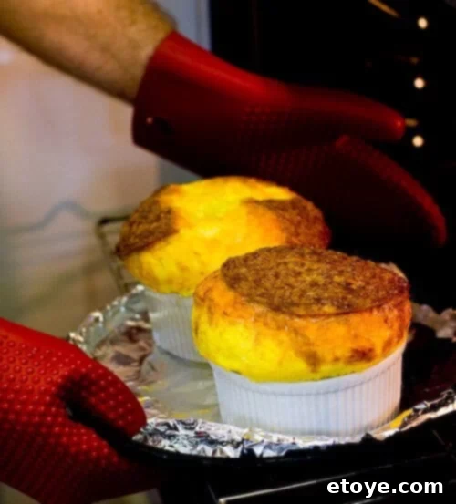 Perfectly baked and risen cheese soufflé fresh from the oven