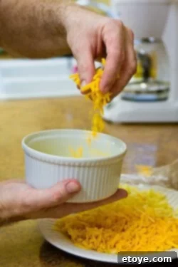 Shredded cheese layered in a soufflé dish
