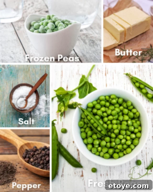 Ingredients for steamed peas: fresh peas, water, butter, salt, pepper