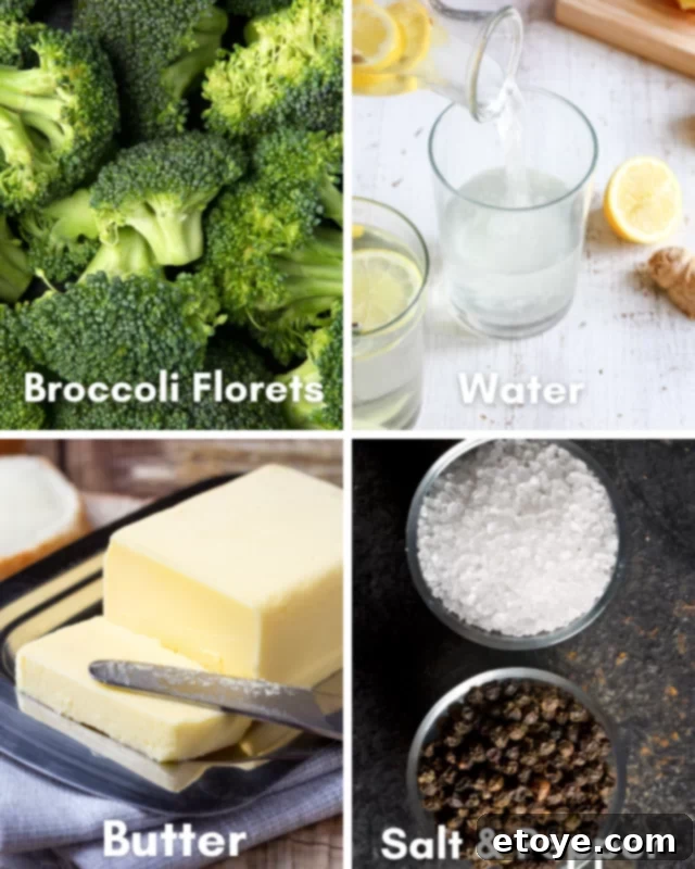 Easy Microwave Steamed Broccoli 3 Steamed broccoli florets in a bowl, seasoned with butter, salt, and pepper.