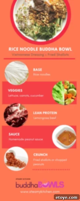 Fresh Vietnamese Rice Noodle Buddha Bowl 4 Components of a Vietnamese rice noodle bowl with sauce