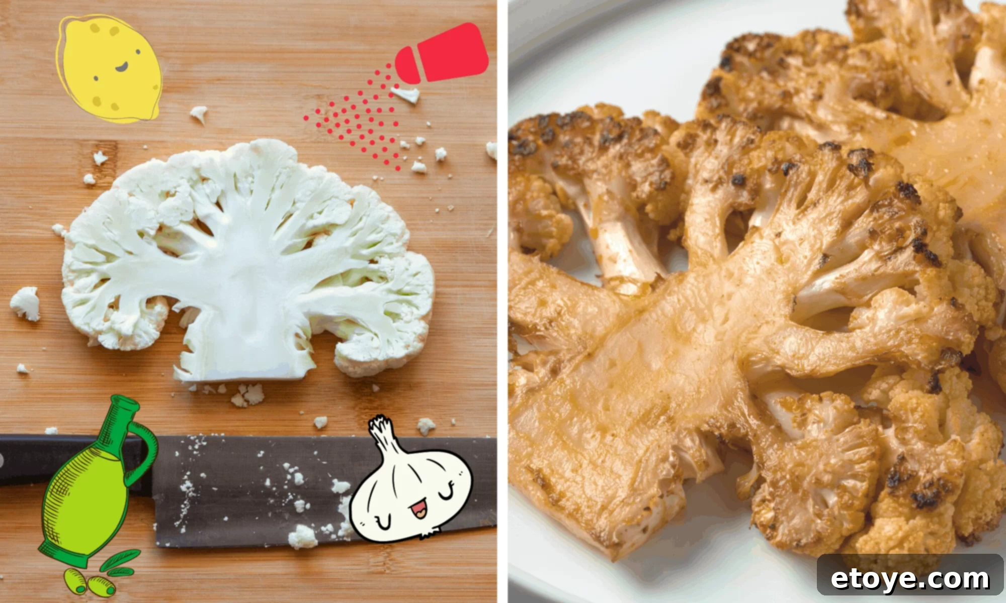 Roasted Cauliflower Buddha Bowl with Zesty Dill Dressing 7 Close-up of cauliflower steaks roasting in the oven