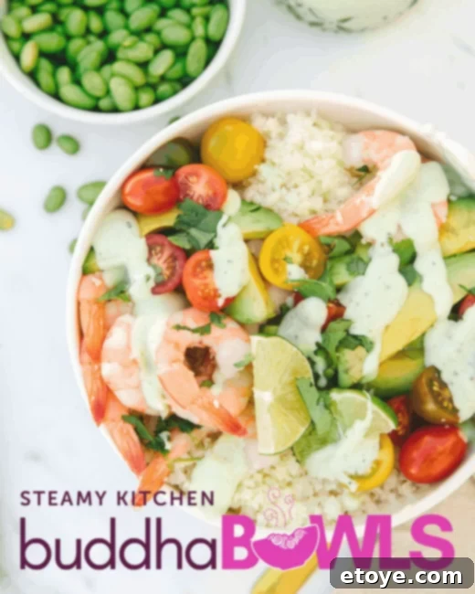 Creamy Cilantro Shrimp and Avocado Buddha Bowl 2 Vibrant Shrimp and Avocado Buddha Bowl with fresh vegetables and creamy cilantro-lime sauce, a perfect healthy meal.