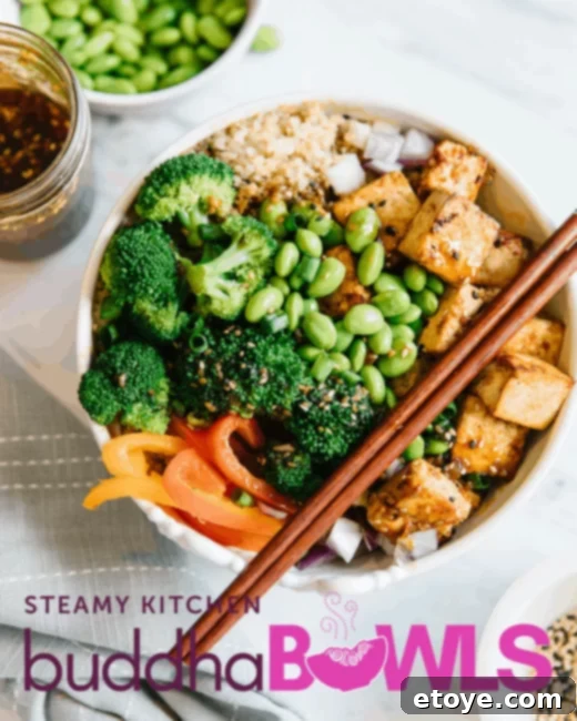 A vibrant Roasted Tofu Buddha Bowl recipe, featuring crispy tofu, colorful vegetables, and a luscious pineapple teriyaki sauce, ready to be served.