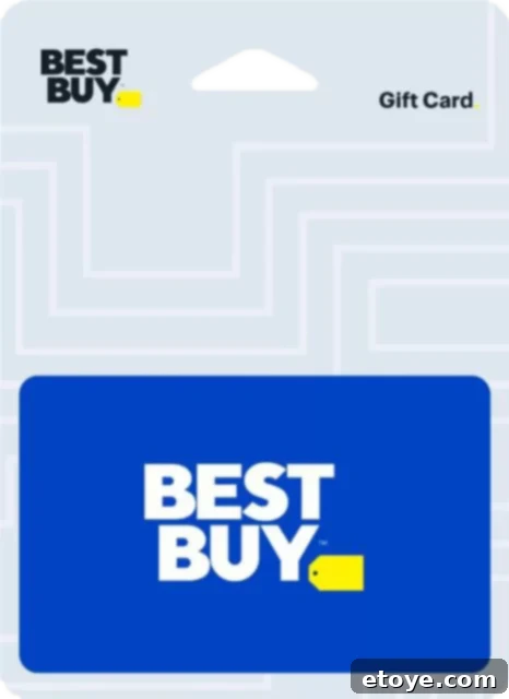 A $100 Best Buy gift card with various electronics and home appliances in the background, showcasing the vast range of products available.