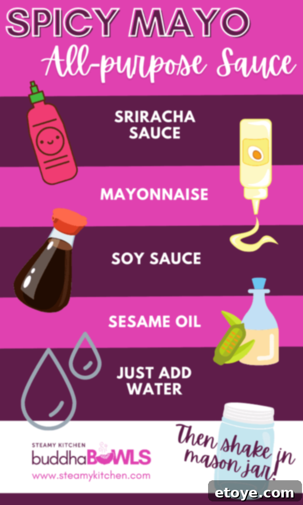Zesty Spicy Mayo Sauce 3 Spicy Mayo Formula - an infographic displaying the five key ingredients for spicy mayo: mayonnaise, water, sriracha, low-sodium soy sauce, and sesame oil, with their respective measurements.