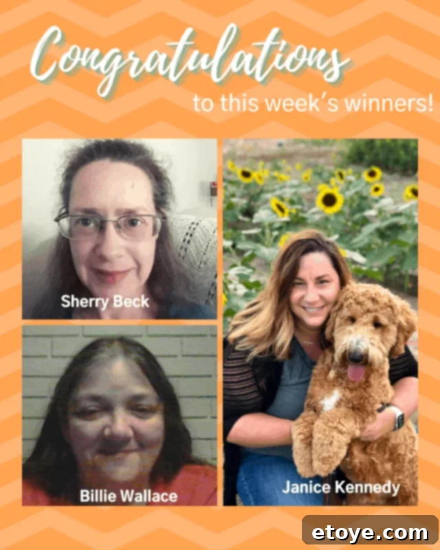 What's Cooking: Steamy Kitchen Edition 2 Congratulations message for giveaway winners, featuring happy faces or celebratory imagery.