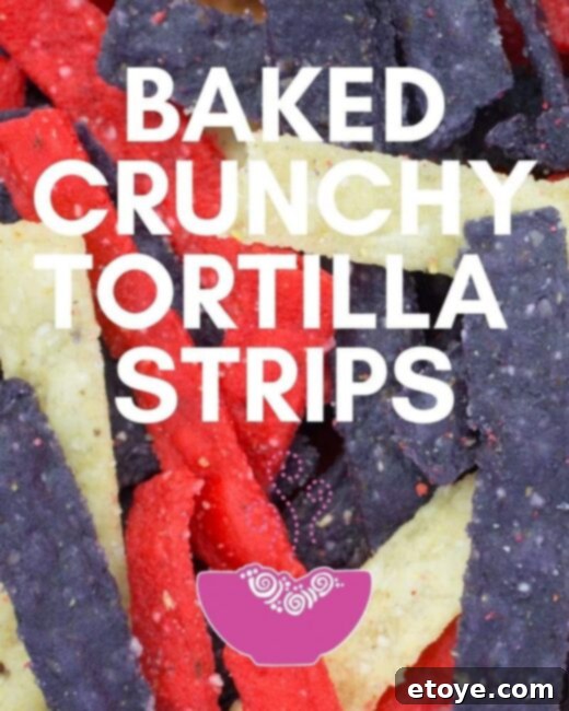 Crispy Baked Tortilla Strips 2 Freshly baked tortilla strips piled on a baking sheet, golden and crispy.