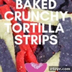 Crispy Baked Tortilla Strips 5 Golden-brown, crispy baked tortilla strips in a small bowl.