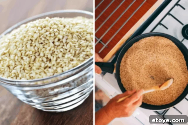 A visual comparison showing raw, pale sesame seeds on the left side of a plate and beautifully golden-brown, toasted sesame seeds on the right, highlighting the transformation.