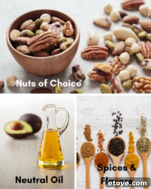 Assortment of nuts and seeds, including walnuts, almonds, and pumpkin seeds.