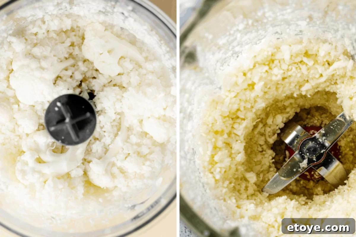 Cauliflower florets being processed into rice in a food processor