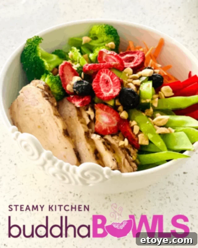 Tropical Grilled Chicken Buddha Bowl with Sweet Mango and Toasted Peanuts 2 Delicious Grilled Chicken Buddha Bowl with mango dressing, showcasing fresh ingredients and vibrant colors.