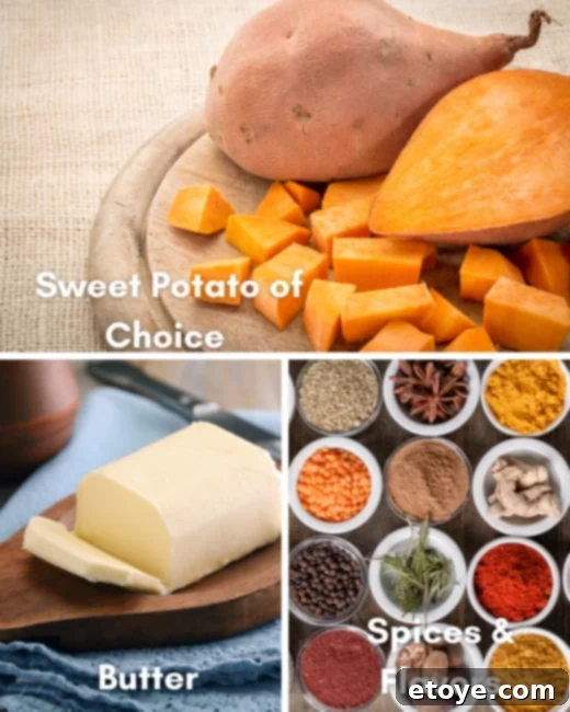 Ingredients for microwaved sweet potatoes, including a sweet potato, butter, salt, pepper, and herbs.