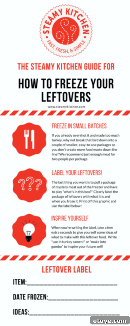 Thanksgiving Leftovers Reimagined 4 Visual guide showing different types of leftovers being frozen with specific labels for future meal ideas, emphasizing purpose-driven storage.