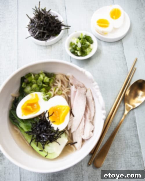 Reimagined Leftover Turkey Miso Ramen 6 A top-down view of a ramen bowl filled with noodles, broth, bok choy, egg, turkey meat, and green onions.
