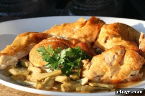 best-roast-chicken-recipe perfectly roasted split chicken on a plate with fresh herbs and sauce