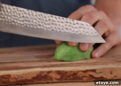 Close-up shot of the KOTAI Kiritsuke Chef Knife's sharp blade, featuring the distinctive hammered finish and revealing its superior craftsmanship and Japanese 440C steel.