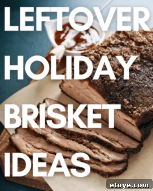 Slices of perfectly cooked brisket on a cutting board, ready to be enjoyed or repurposed, with a side of savory BBQ sauce in a bowl.