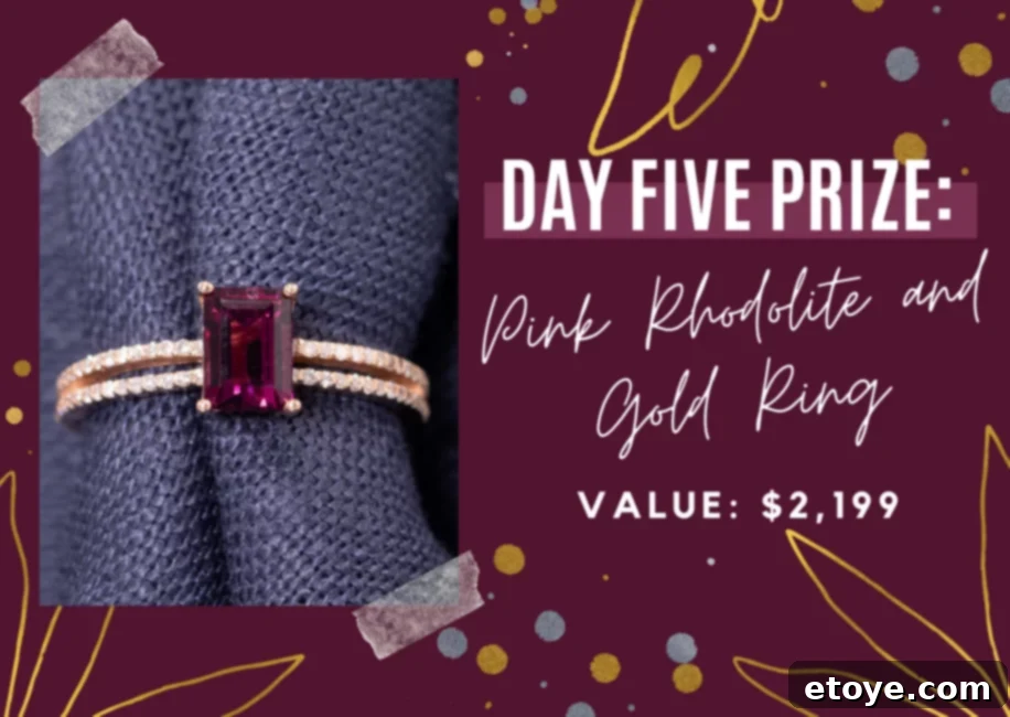 Close-up of a stunning 14K Rose Gold ring featuring a large pink Rhodolite gemstone surrounded by sparkling round diamonds.