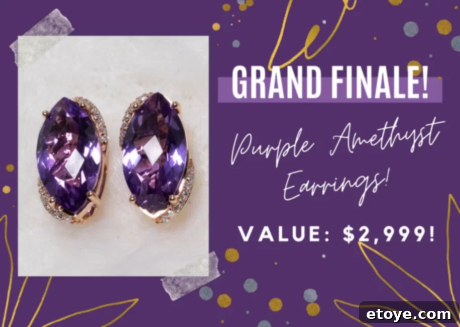 Sparkly Giveaway Grand Finale 3 Close-up of the stunning 14K Gold Purple Amethyst and Diamond Earrings, the Grand Finale prize