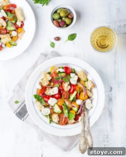 Panzanella bread salad with tomatoes, cheese, and basil