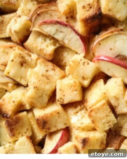 close up shot of sweet bread pudding with apples and spices