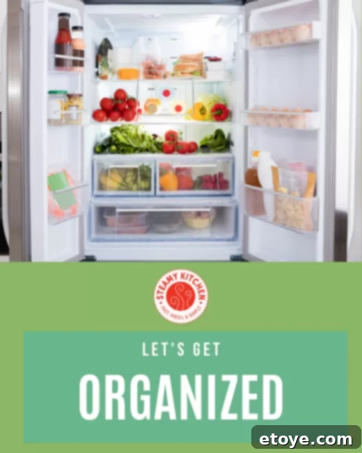 Various kitchen organization products including clear storage bins, jars, and labels, all neatly arranged on shelves