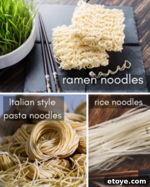 Varieties of Asian noodles, showcasing different types for stir-fries.