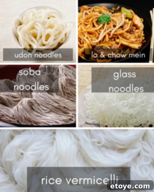 An array of different kinds of Asian noodles displayed, highlighting their variety.