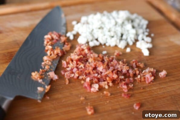Prep: Mincing Bacon and Crushing Blue Cheese Crispy Bacon and Crumbled Blue Cheese Preparation