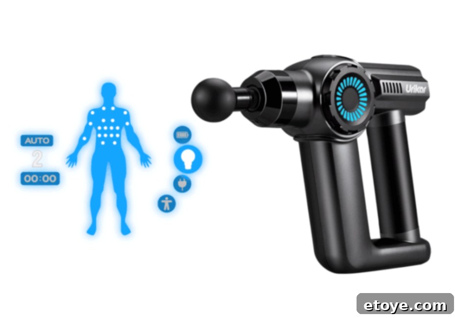 Urikar AT1 massage gun with its six different interchangeable massage heads