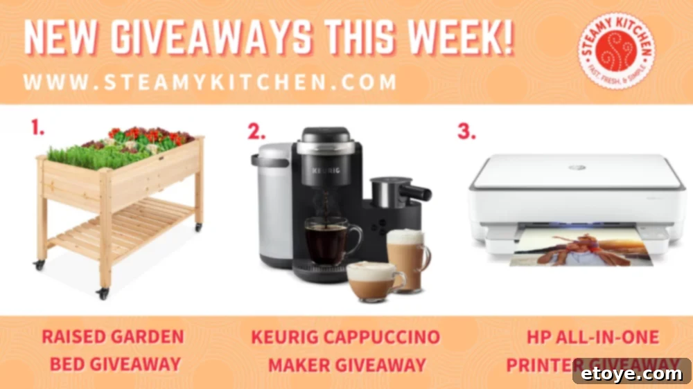 Various Steamy Kitchen giveaway prizes and winner announcements.