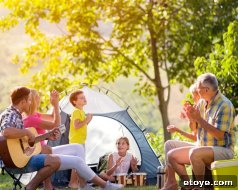 A family roasting marshmallows over a backyard fire pit at night