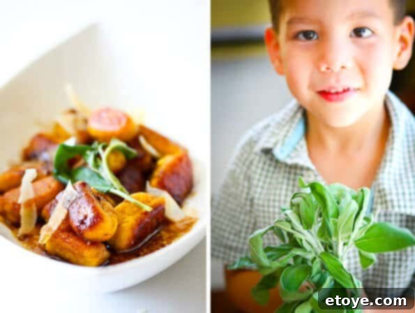Close-up of a plate of pan-fried pumpkin gnocchi ready to be enjoyed.