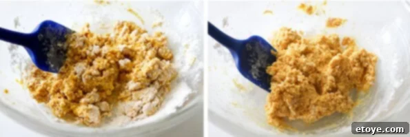 Adding flour to the pumpkin gnocchi mixture and gently mixing.