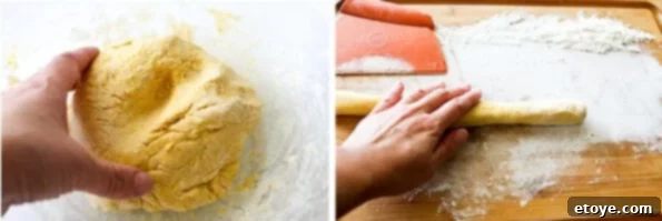 Testing pumpkin gnocchi dough for tackiness and rolling it into a log.