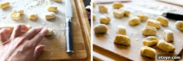 Cutting pumpkin gnocchi dough into uniform pieces.