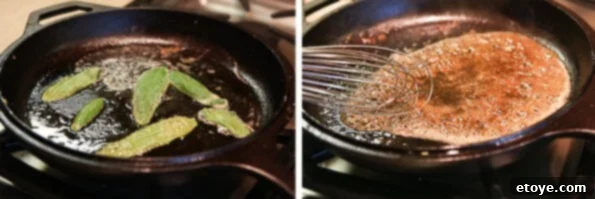Preparing brown butter sage sauce with balsamic vinegar.