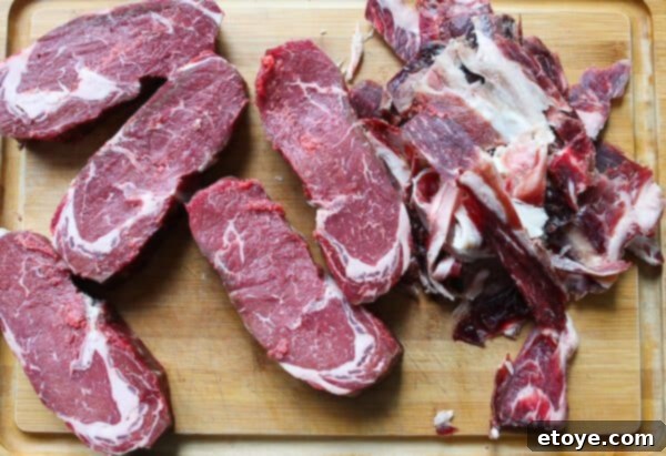 Dry-aged steak ready for slicing after home aging