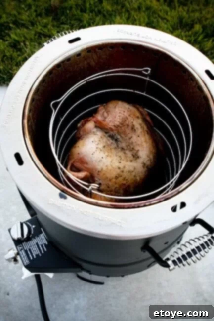 Turkey in fryer at 100 minutes, showing minimal browning