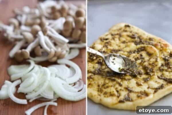 Close-up of baked Japanese Mushroom Flatbread with golden cheese