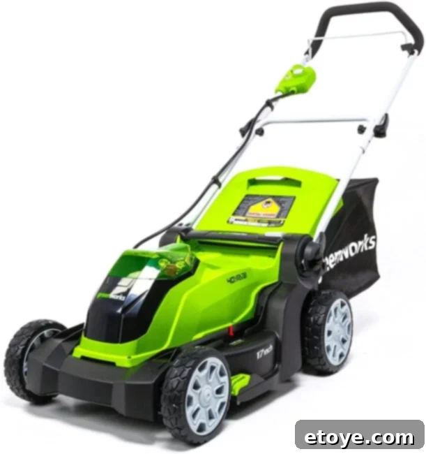 The Greenworks 40V Cordless Lawn Mower presented in a clean, modern setting