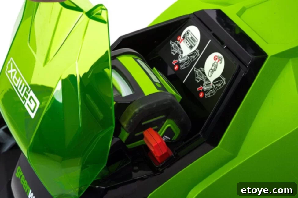 A user comfortably pushing a Greenworks 40V Cordless Lawn Mower across a well-maintained lawn under bright sunlight