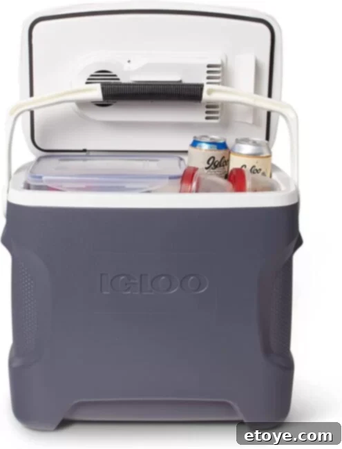 Igloo 28 Quart Iceless Thermoelectric Cooler in use, showing food and drinks inside, emphasizing its spacious interior.